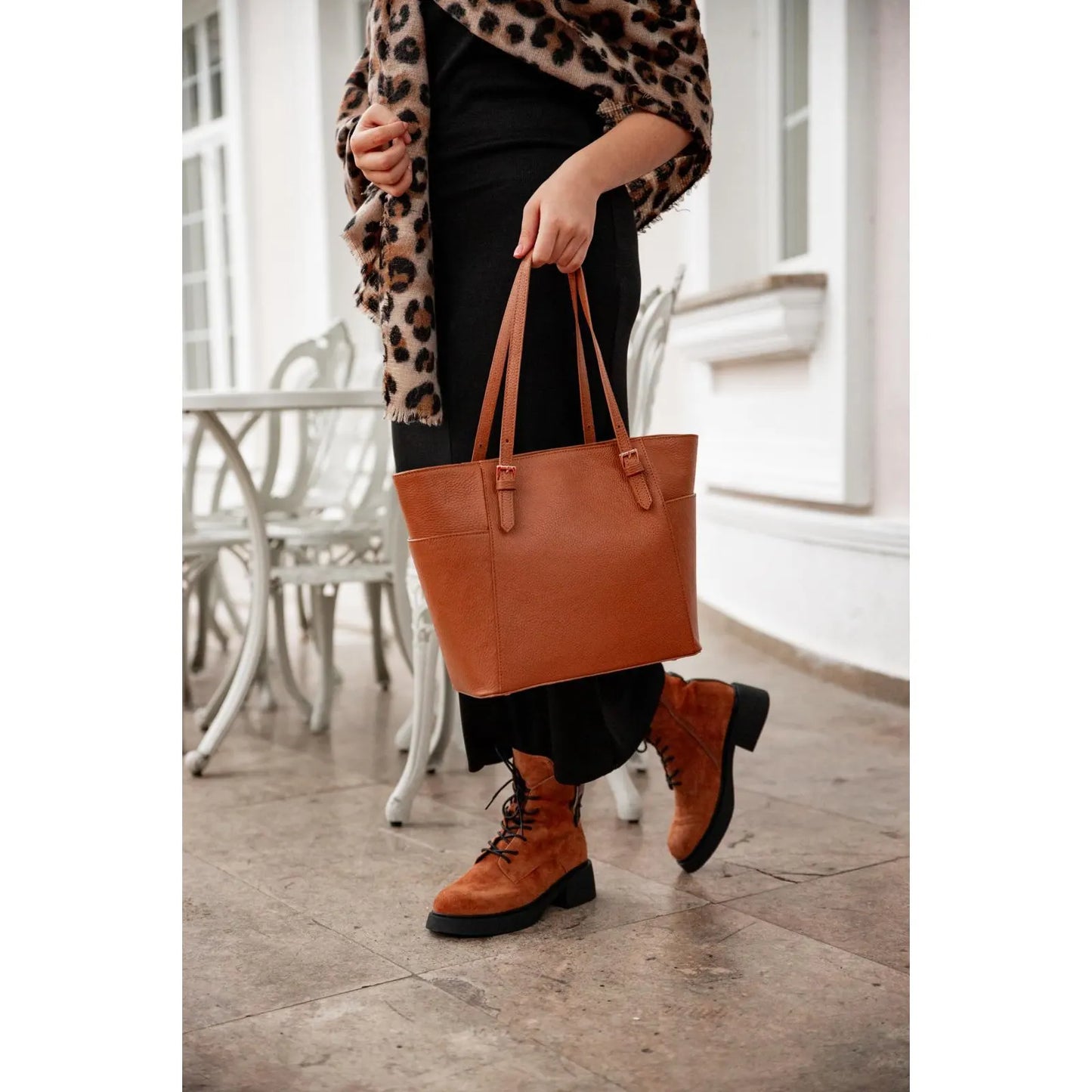 Geantă damă Michelle Anna Fellini piele naturala coniac