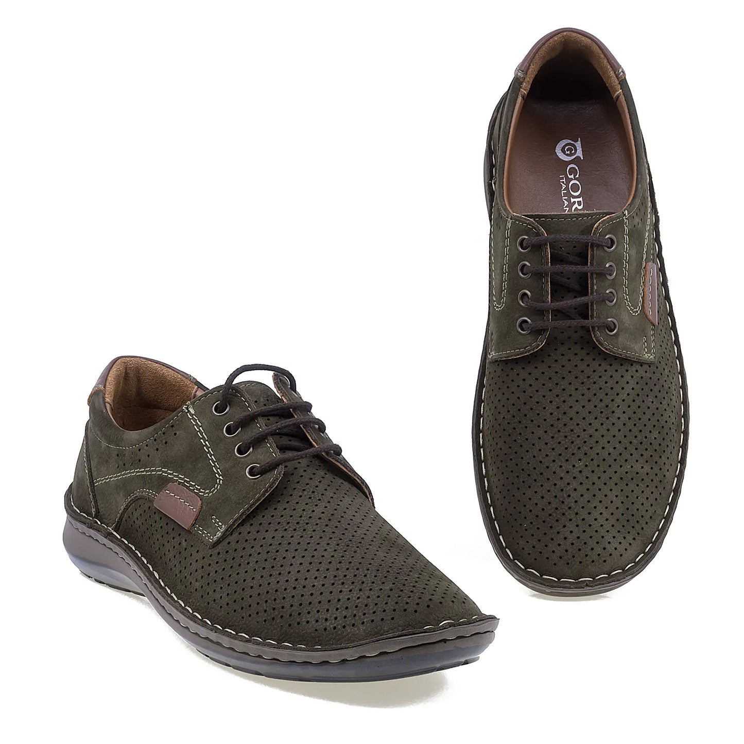 Pantofi bărbați Goretti kaki, piele nabuc, aspect perforat – vedere de sus