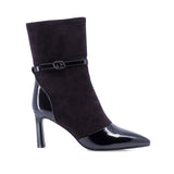Botine elegante Anna Viotti maro din piele întoarsă, cu accente negre lucioase la bot și călcâi și toc subțire.