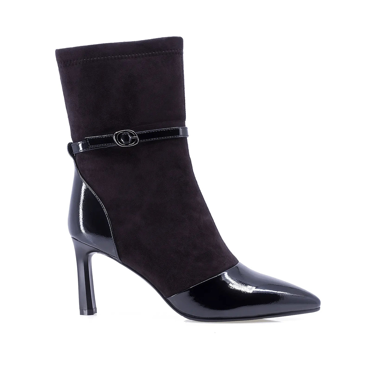 Botine elegante Anna Viotti maro din piele întoarsă, cu accente negre lucioase la bot și călcâi și toc subțire.