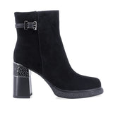 Botine damă elegante Anna Viotti D122-ZPW351-N4783-2 negre din piele naturală box, cu platformă, toc gros de 9 cm, vârf rotund și fermoar lateral.