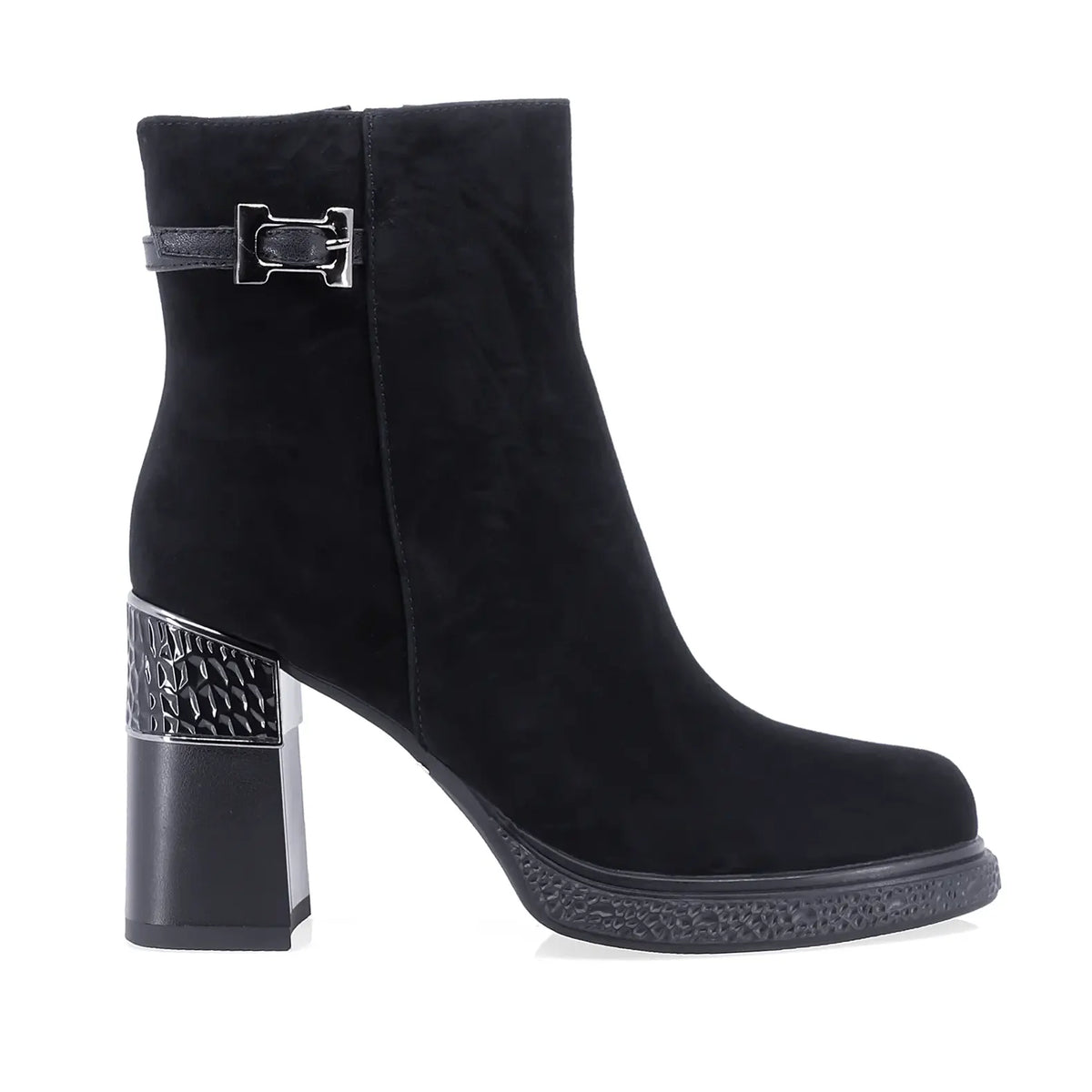 Botine damă elegante Anna Viotti D122-ZPW351-N4783-2 negre din piele naturală box, cu platformă, toc gros de 9 cm, vârf rotund și fermoar lateral.