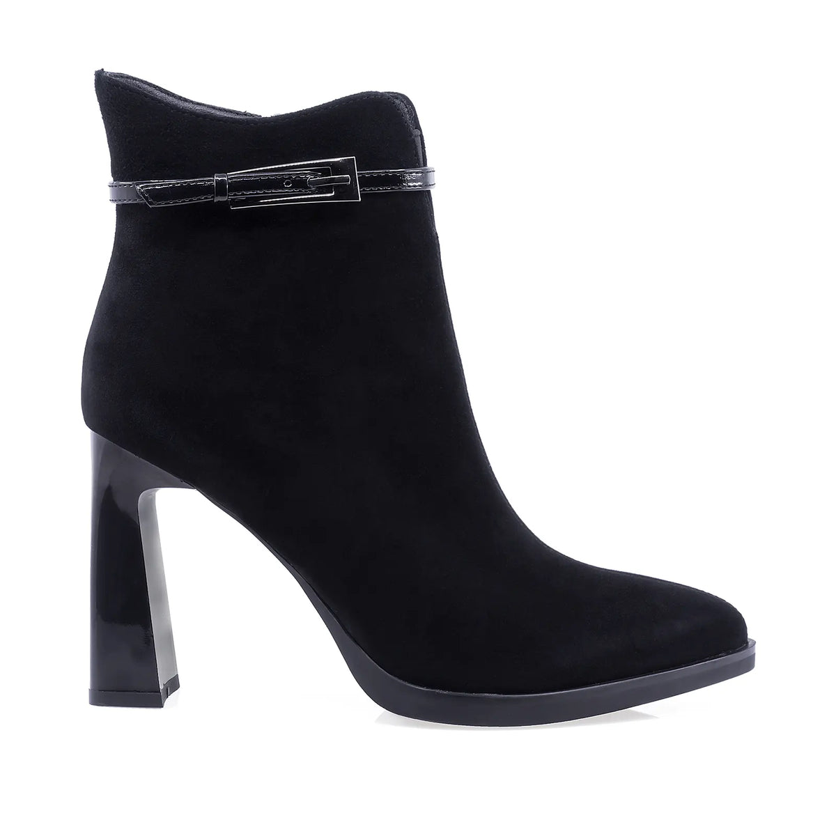 Botine damă elegante Anna Viotti D106-F10569-A846-14 negre, din piele naturală întoarsă, cu vârf semiascuțit, fermoar și toc cu aspect lat de 9,5 cm.
