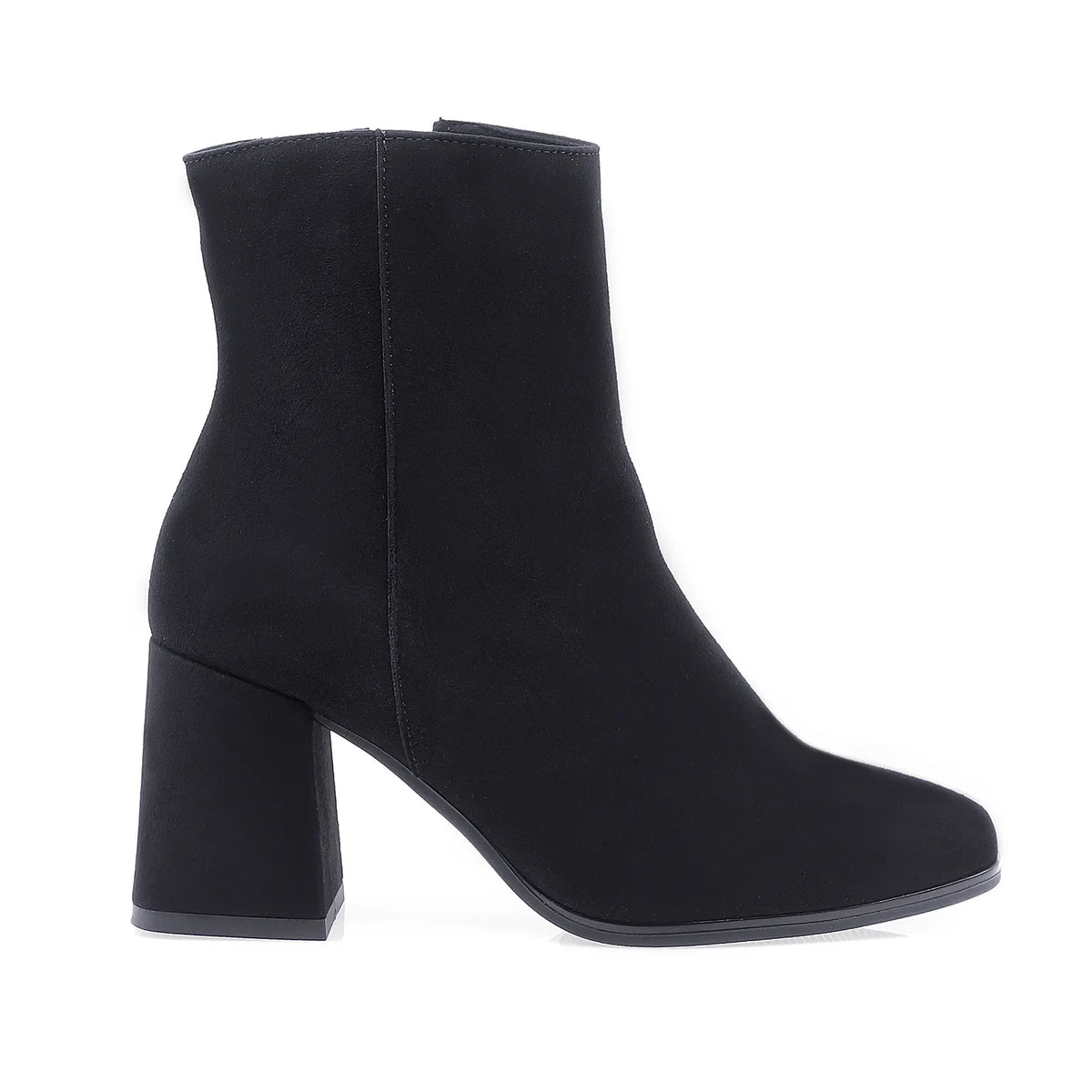 Botine damă elegante Kordel D2999 negre din piele naturală întoarsă, cu fermoar, vârf rotund și toc gros îmbrăcat în piele întoarsă de 7,5 cm.