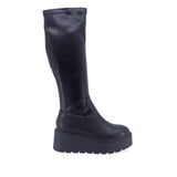 Cizme damă casual Anna Viotti D113-160304 negre, cu partea inferioară din piele naturală box, partea superioară din material stretch, fermoar inferior și platformă ortopedică de 4,5 cm în față și 7 cm în spate.
