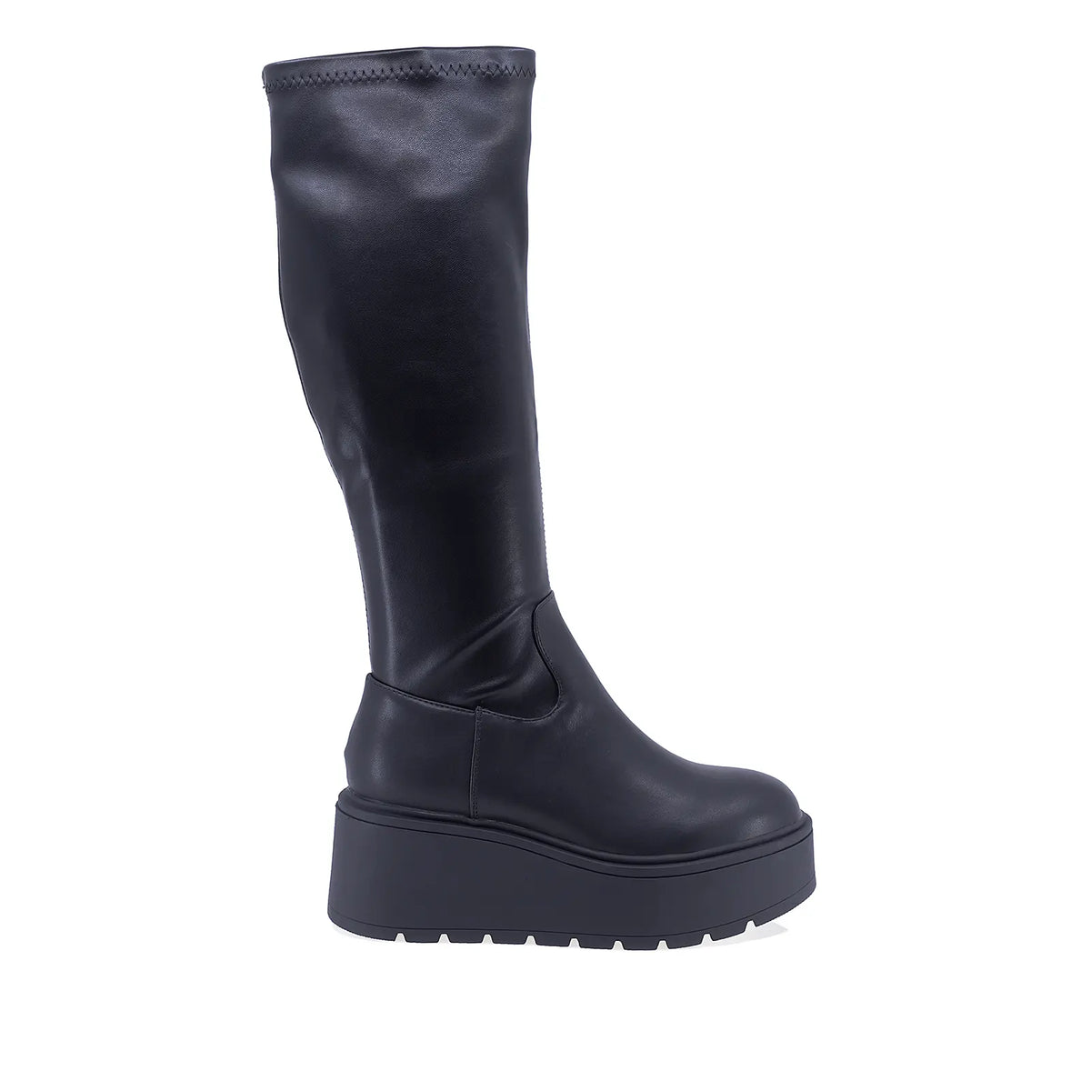 Cizme damă casual Anna Viotti D113-160304 negre, cu partea inferioară din piele naturală box, partea superioară din material stretch, fermoar inferior și platformă ortopedică de 4,5 cm în față și 7 cm în spate.