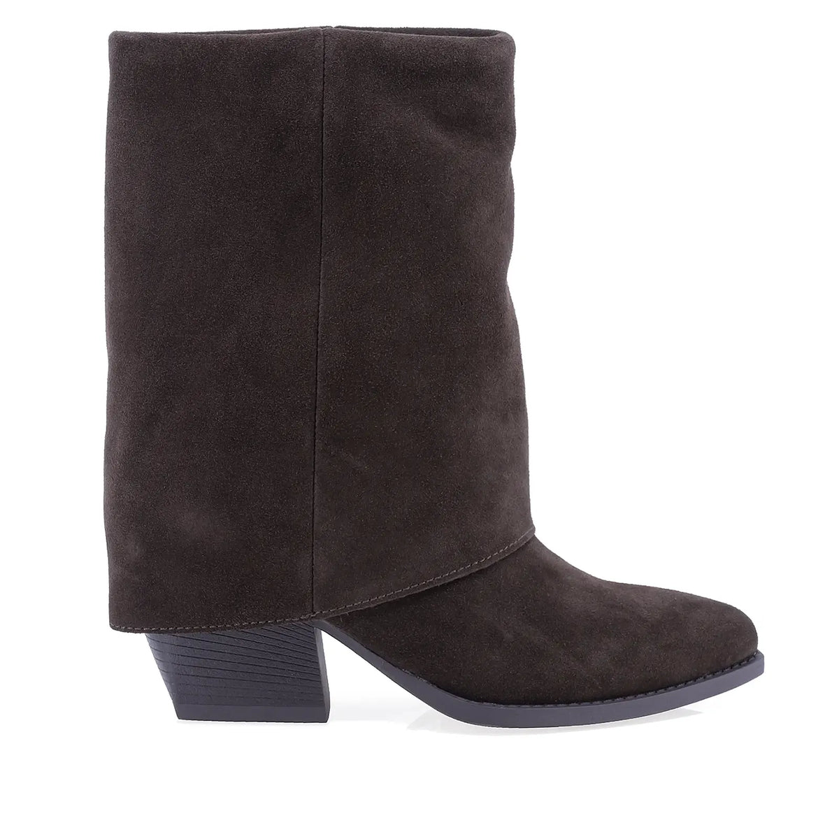 Cizme damă casual Anna Viotti D115-2380-29R-02 maro din piele naturală întoarsă, cu vârf semiascuțit, toc gros de 7 cm și design tip burlan fără fermoar.