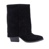 Cizme damă Anna Viotti D115-2380-29R-02 negre, din piele naturală întoarsă, cu toc gros de 7 cm, vârf semiascuțit și croială tip ciorap.