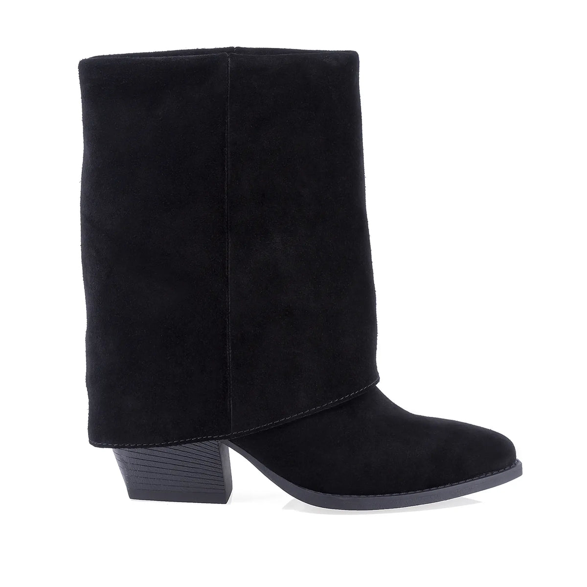 Cizme damă Anna Viotti D115-2380-29R-02 negre, din piele naturală întoarsă, cu toc gros de 7 cm, vârf semiascuțit și croială tip ciorap.