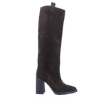 Cizme damă elegante Anna Viotti D122-P113-236 maro, din piele naturală întoarsă, înalte de 48 cm, cu toc gros și vârf semiascuțit.