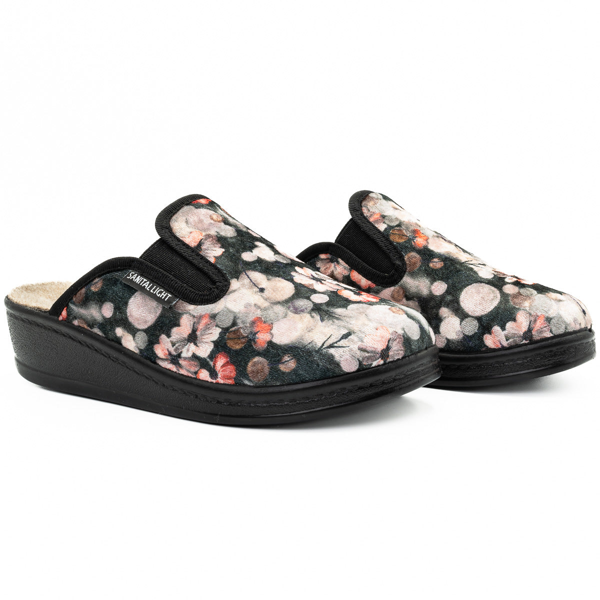 Papuci casa dama Sanital light D 188 negru cu flori 