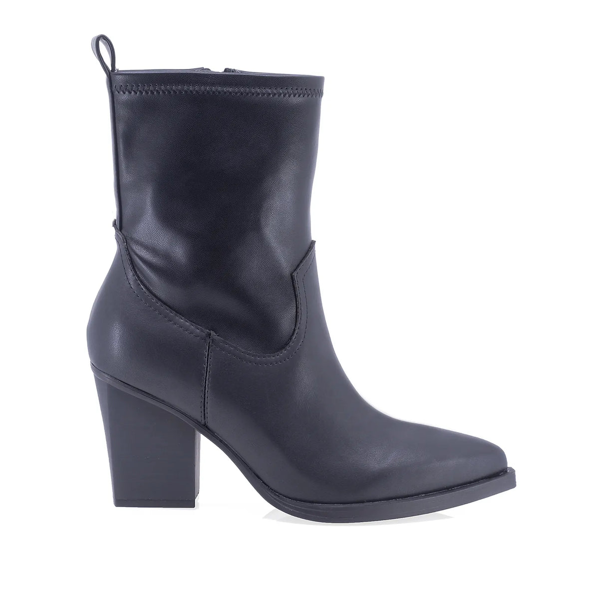 Ghete damă Anna Viotti D113-29802 negre, cu partea inferioară din piele naturală box, partea superioară din material stretch, fermoar lateral și toc gros de 8 cm.