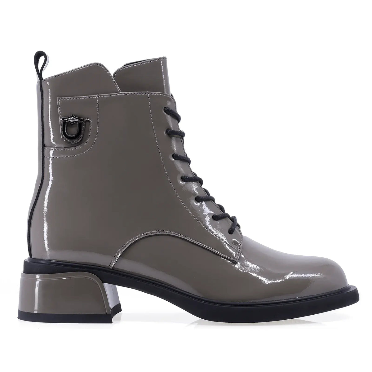 Ghete damă Anna Viotti D105-5238R-B563-NT-16 kaki din piele naturală lucioasă, cu închidere cu fermoar și șireturi, talpă antiderapantă și toc aplicat de 4,5 cm.