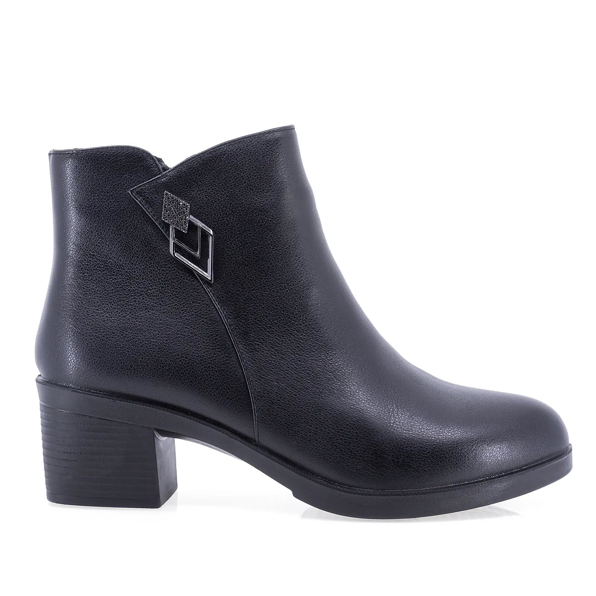 Ghete damă Anna Viotti D111-1E02580-6 negre din piele naturală box, cu căptușeală pufoasă, fermoar lateral, vârf rotund și toc de 5 cm.