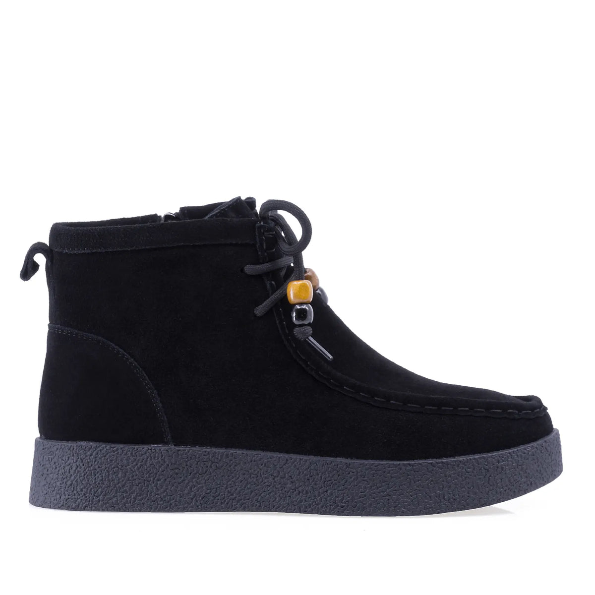 Ghete damă Anna Viotti D111-SD5231 negre din piele naturală întoarsă, cu design de mocasini, închidere cu șireturi și fermoar și talpă antiderapantă.