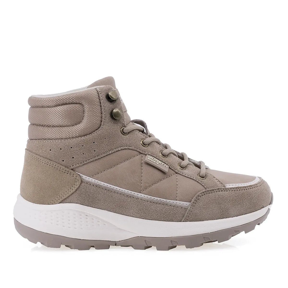 Ghete damă sport Goretti D110-24W8776 bej, din piele naturală întoarsă, cu șireturi și talpă ortopedică de 4 cm în partea din spate.