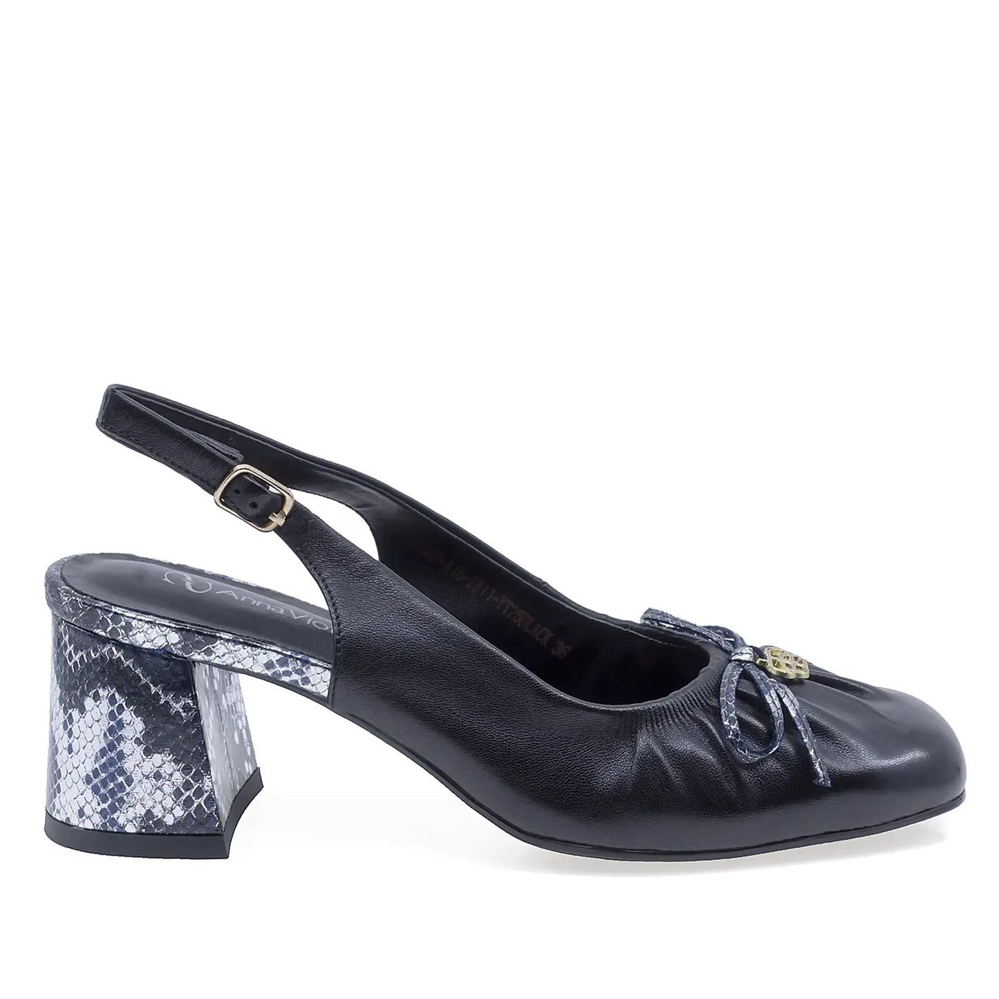 Pantofi damă eleganți Anna Viotti negri din piele naturală, toc 6 cm, deschiși la spate și închiși în față, vedere lateral dreapta