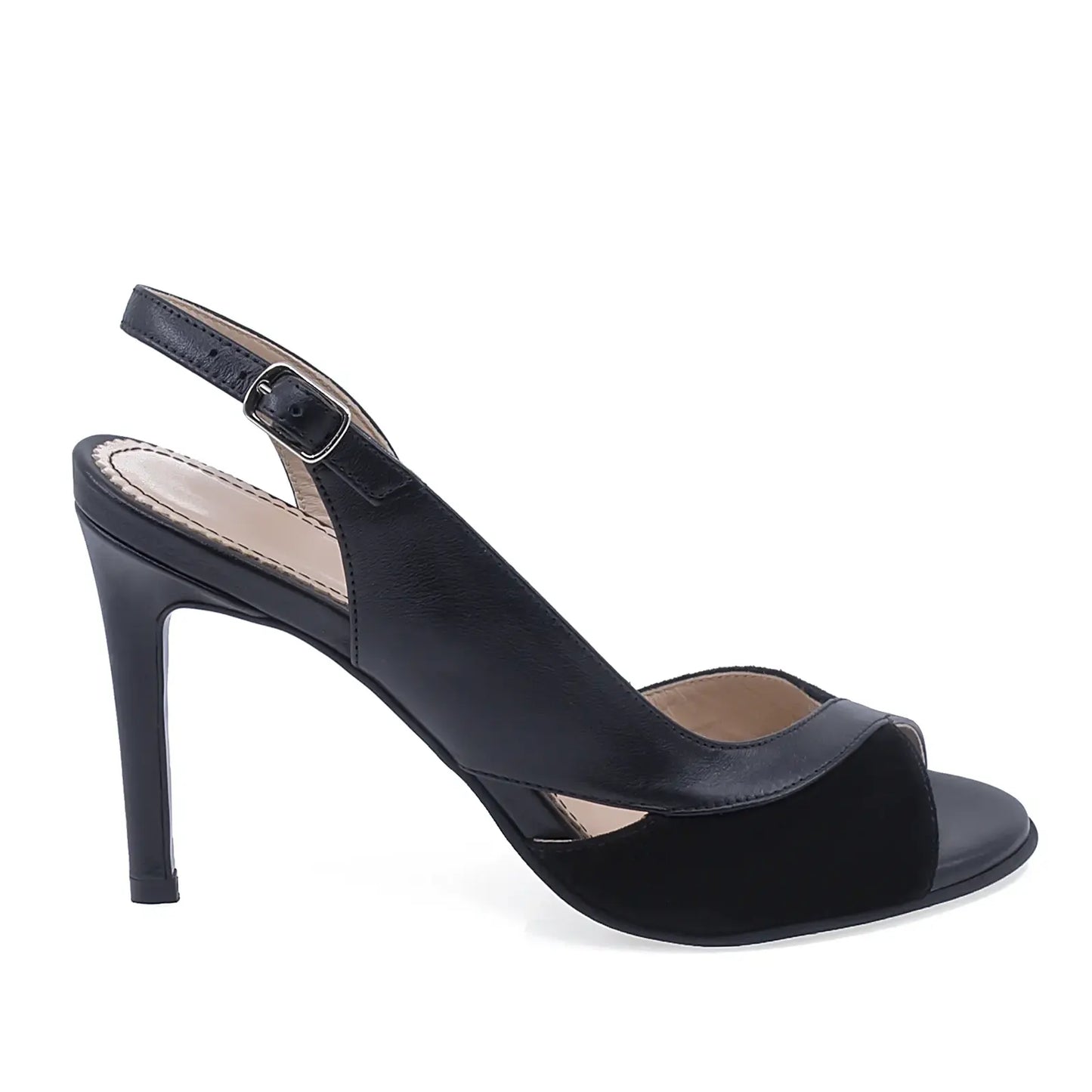 Sandale damă elegante Guban D1333 negre, piele naturală, vedere lateral dreapta, toc 9 cm cu platformă pentru confort și stabilitate
