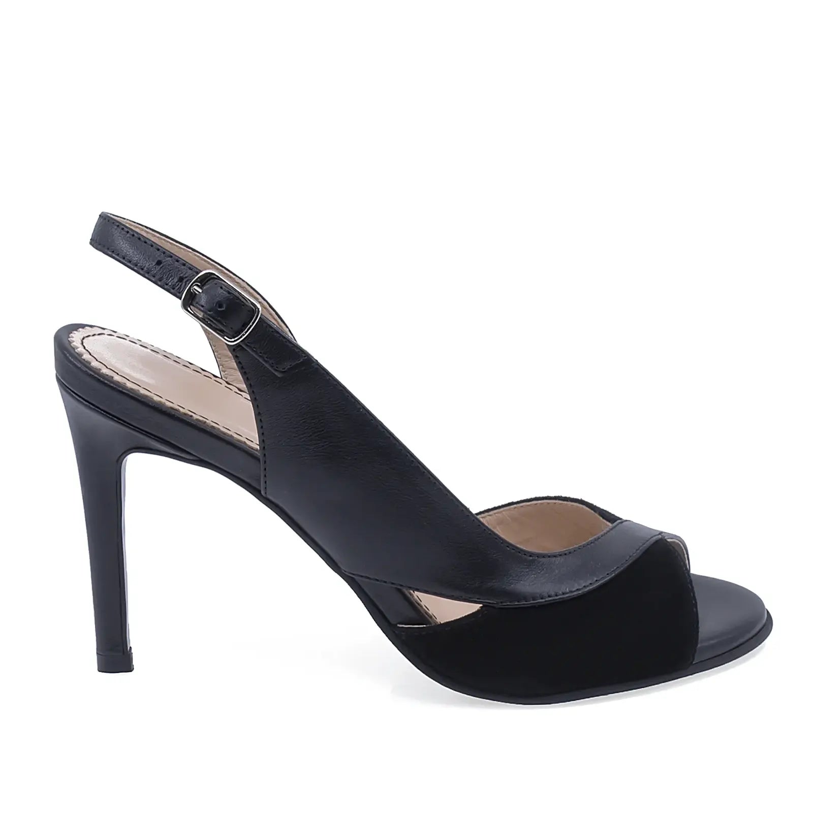Sandale damă elegante Guban D1333 negre, piele naturală, vedere lateral dreapta, toc 9 cm cu platformă pentru confort și stabilitate