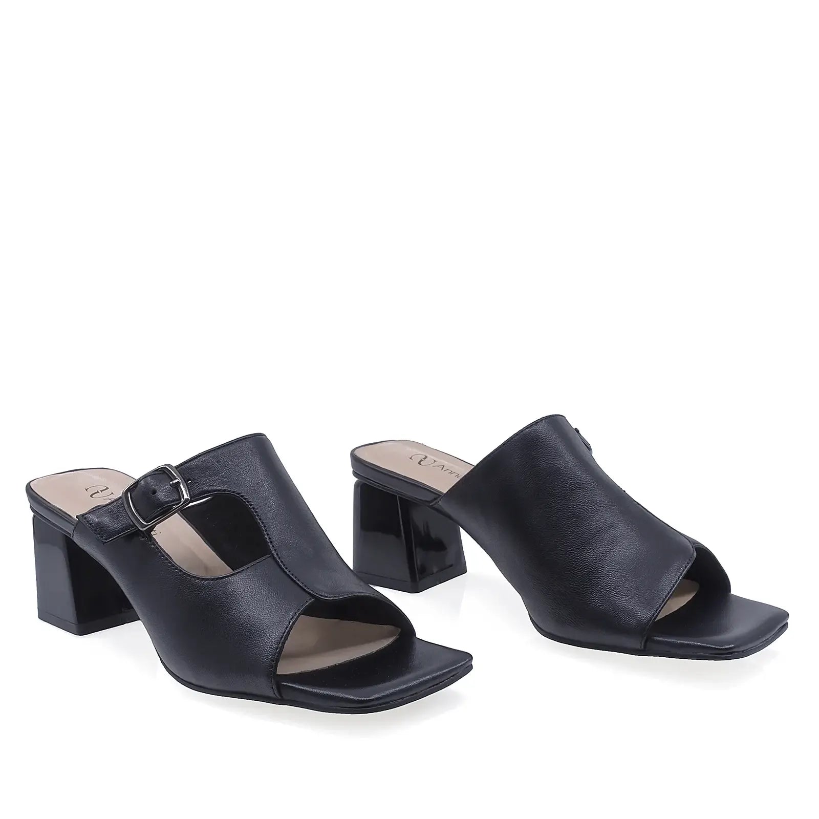 Papuci damă eleganți negri Anna Viotti, model cu toc pătrat și bretea reglabilă