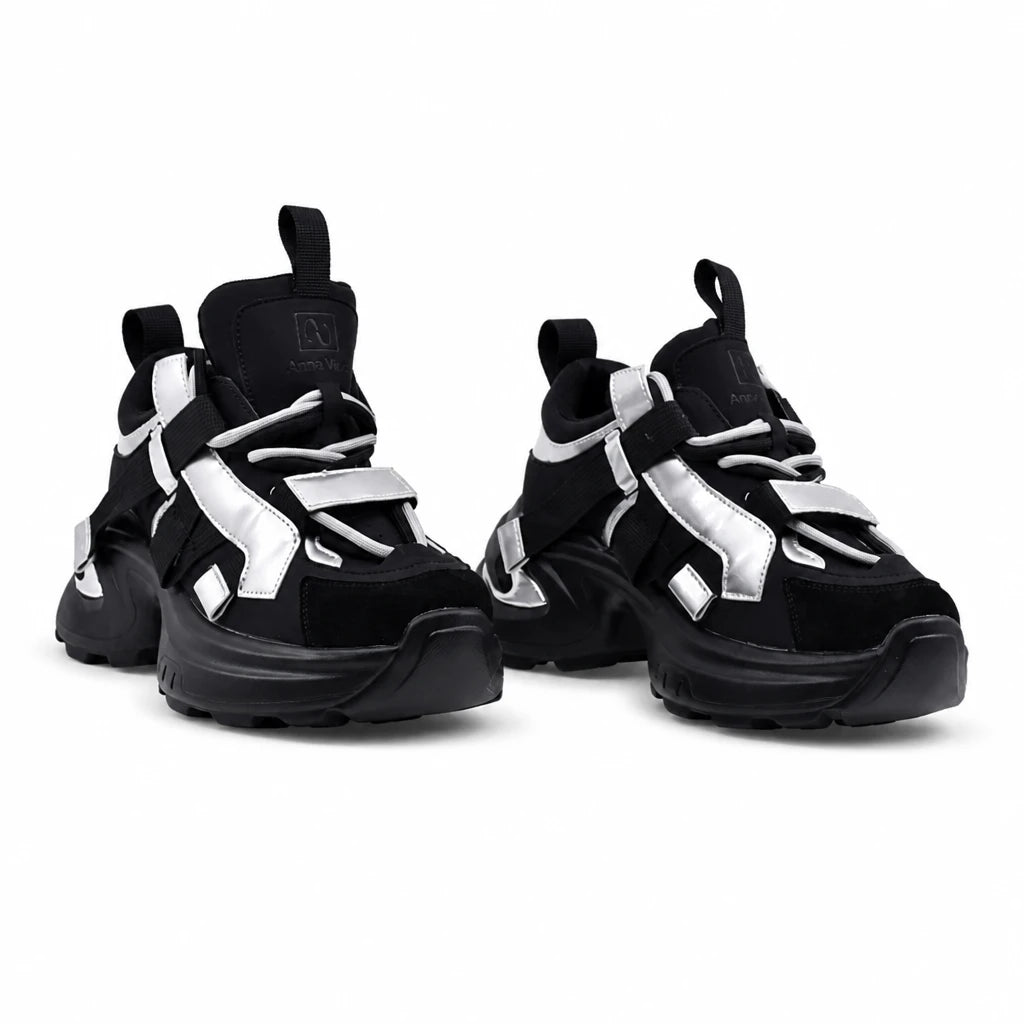 Pantofi dama sport Anna Viotti piele intoarsa D106-YM117-1 negru/argintiu