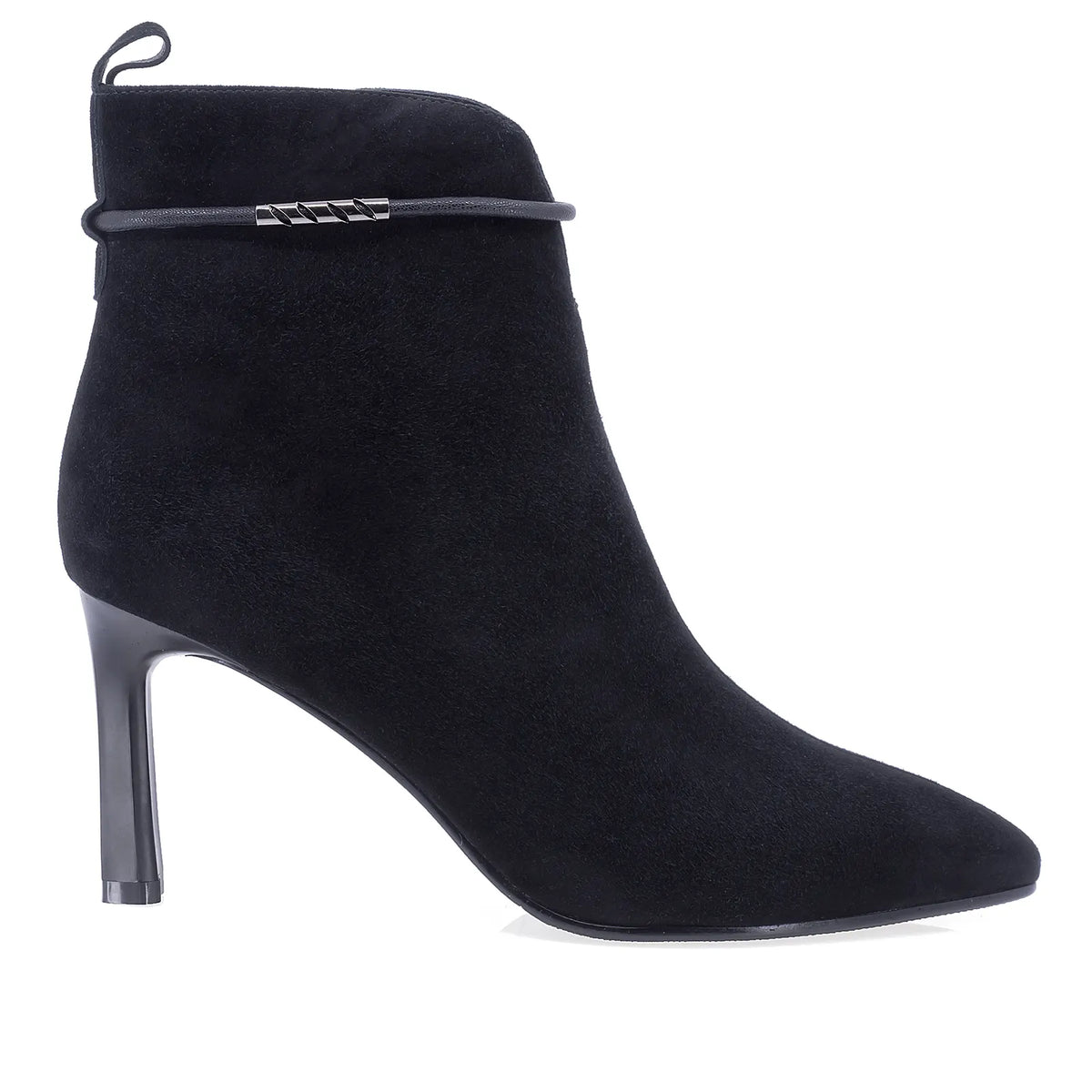 Botine dama elegante Anna Viotti D106-7Y77-RH2245-HA negre, din piele naturala intoarsa, cu varf ascutit, fermoar si toc subtire de 8 cm.