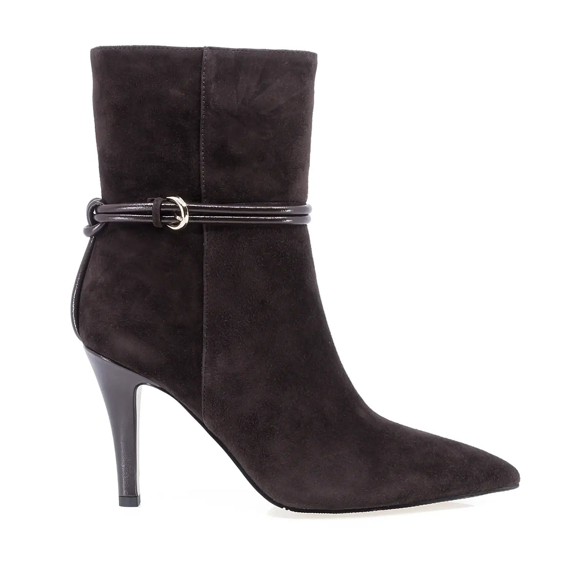 - Botine dama elegante Anna Viotti D106-Y10-X13DK maro din piele naturala intoarsa, cu varf ascutit tip stiletto si toc subtire imbracat in piele box.