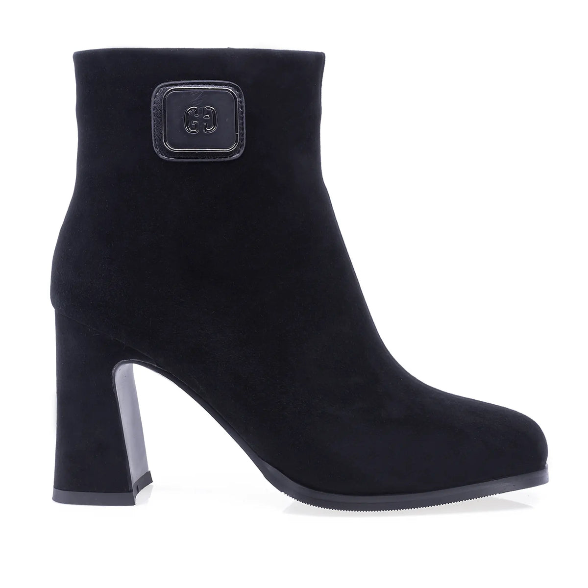 Botine dama elegante Anna Viotti D106-25423-F3568 negre, din piele naturala intoarsa si lacuita, cu varf rotund, toc lat imbracat in piele intoarsa si ornament lateral.