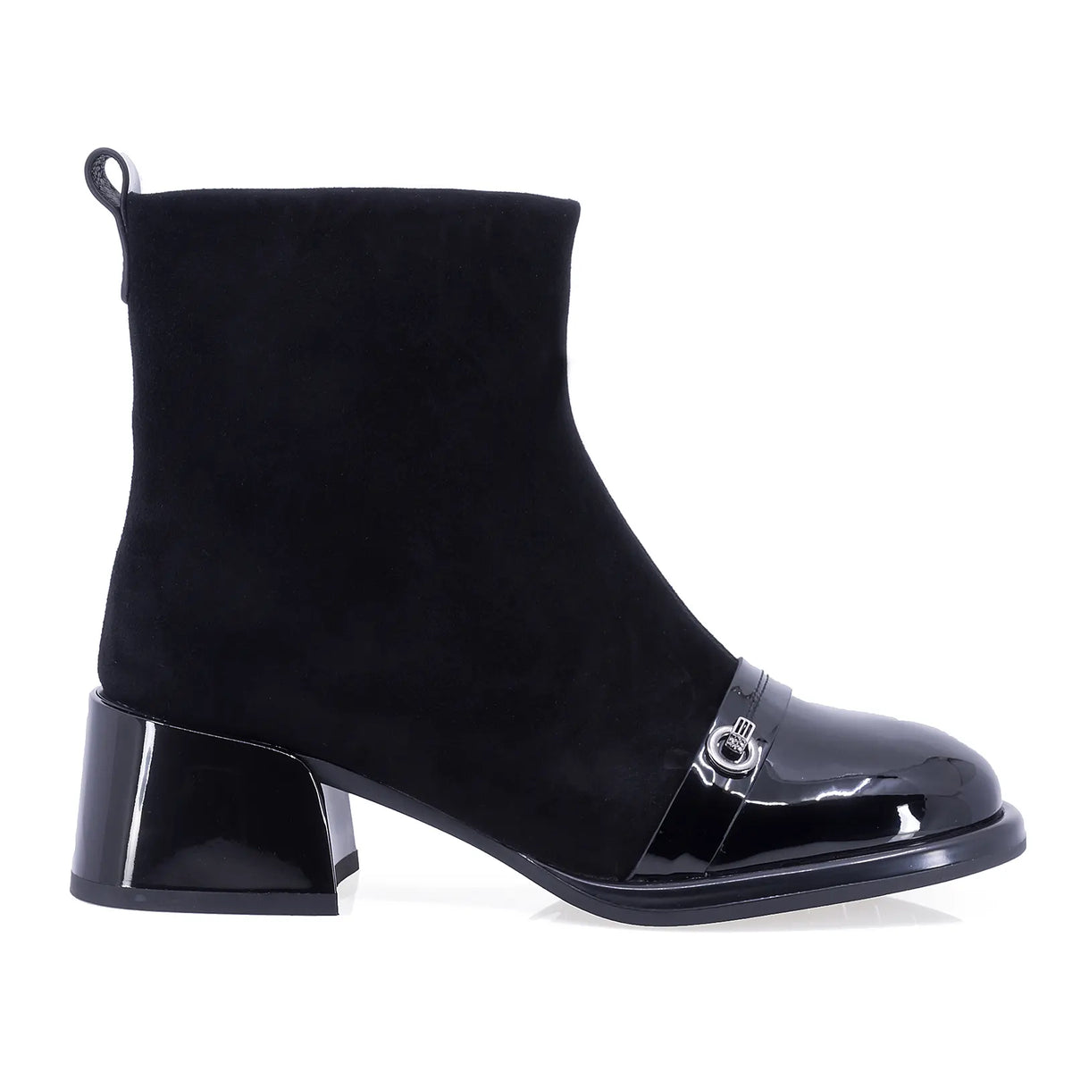 Botine dama elegante Anna Viotti D106-25526-F3271 negre, din piele naturala intoarsa si lacuita, cu varf rotund, cusatura pe mijloc si toc gros.