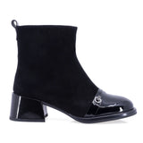 Botine dama elegante Anna Viotti D106-25526-F3271 negre, din piele naturala intoarsa si lacuita, cu varf rotund, cusatura pe mijloc si toc gros.