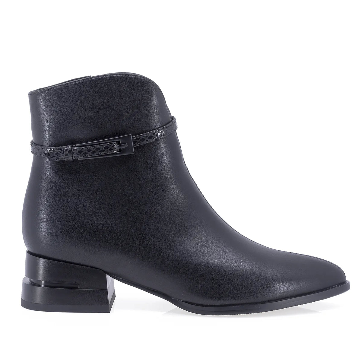 Botine dama elegante Anna Viotti D106-F12112-A1210 negre din piele naturala box, cu varf ascutit, toc lat si cusatura pe mijloc.