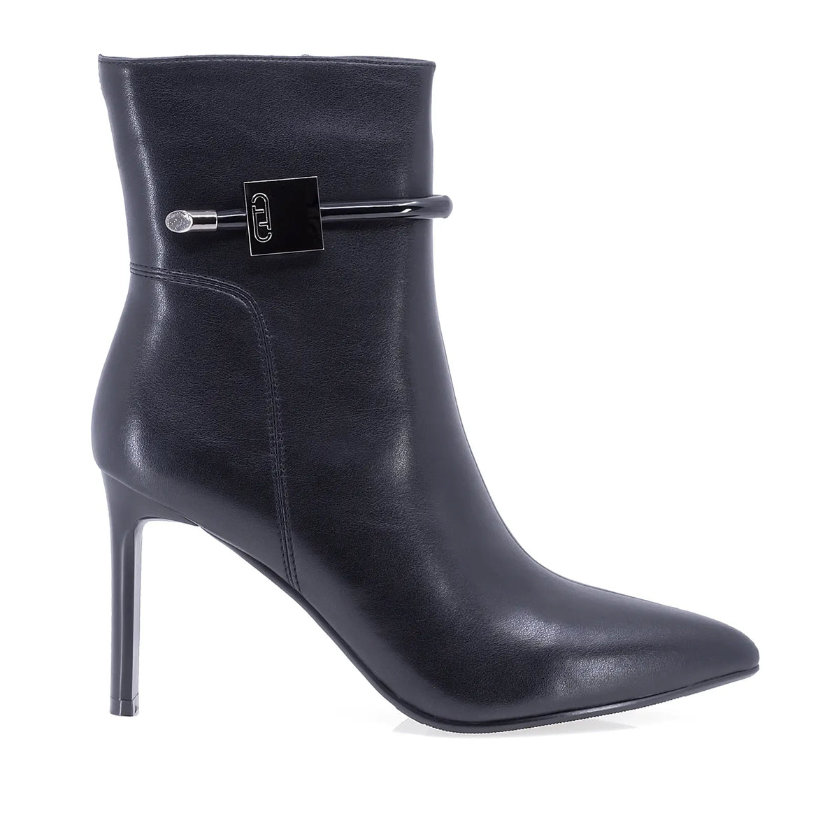 Botine dama elegante Anna Viotti D106-HW059-X347 negre, din piele naturala box, cu varf ascutit stiletto, cusatura pe mijloc si ornament lateral.