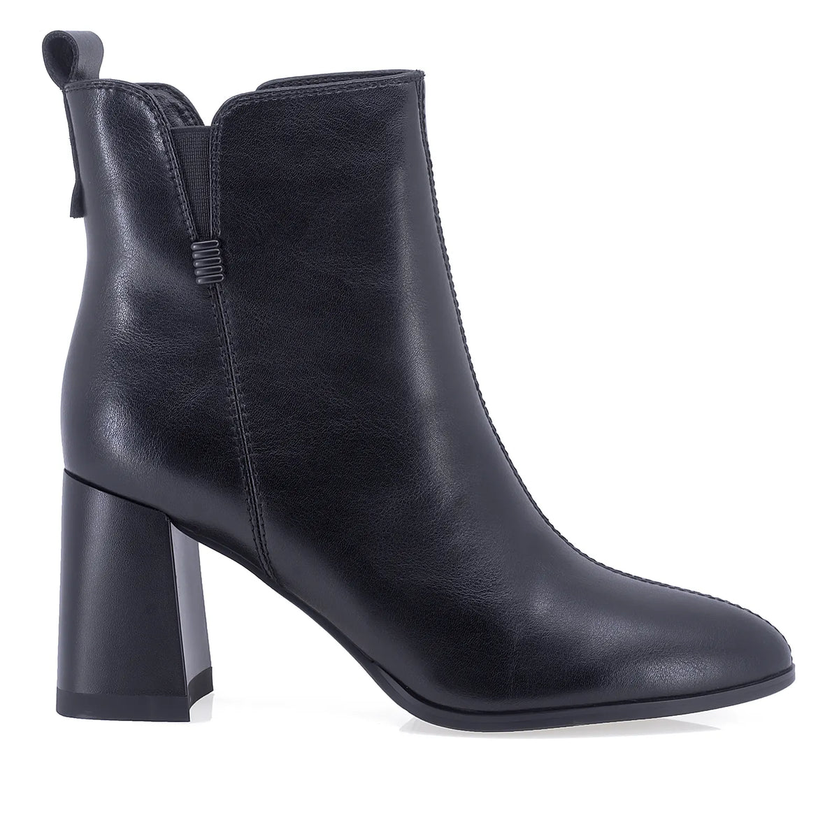 Botine dama elegante Anna Viotti D106-M572-Q478-6 negre, din piele naturala box, cu varf rotund, toc gros, cusatura pe mijloc si segment elastic exterior.