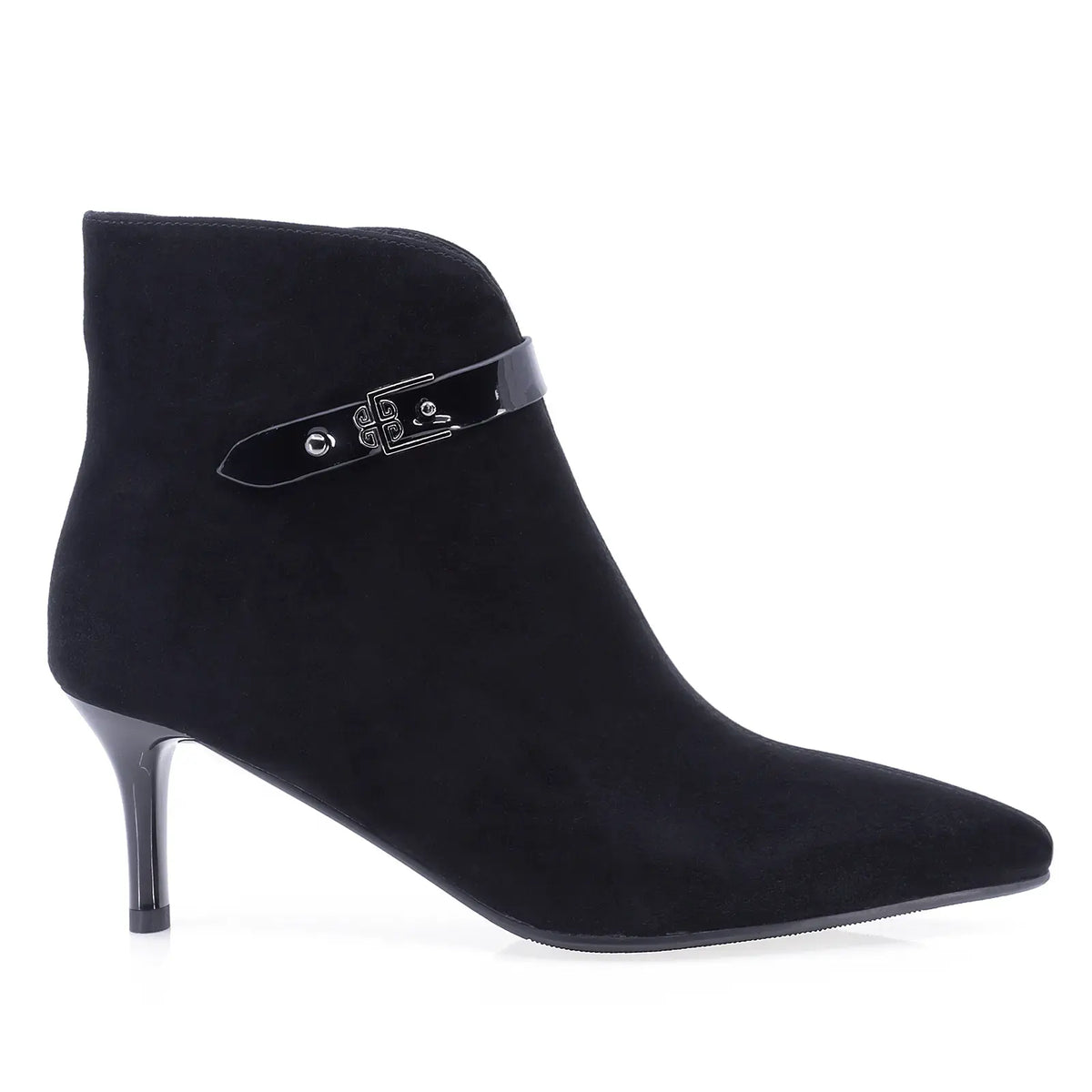 Botine dama elegante Anna Viotti D106-25521-F3361 negre, din piele naturala intoarsa, cu varf ascutit, toc subtire, cusatura pe mijloc si ornament pe rist.