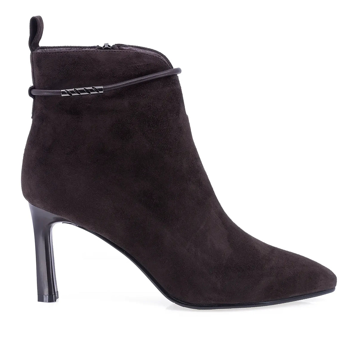 Botine dama elegante Anna Viotti D106-7Y77-RH2245P-HSB-DK maro, din piele naturala intoarsa, cu varf ascutit si toc subtire.