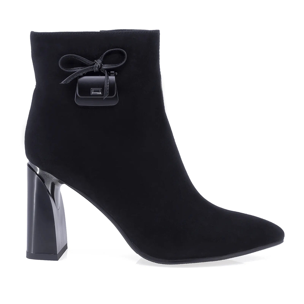 Botine dama elegante Anna Viotti D106-8B556-RS701P-A-BLACK negre, din piele naturala intoarsa, cu varf rotund si toc lat de 5,5 cm.