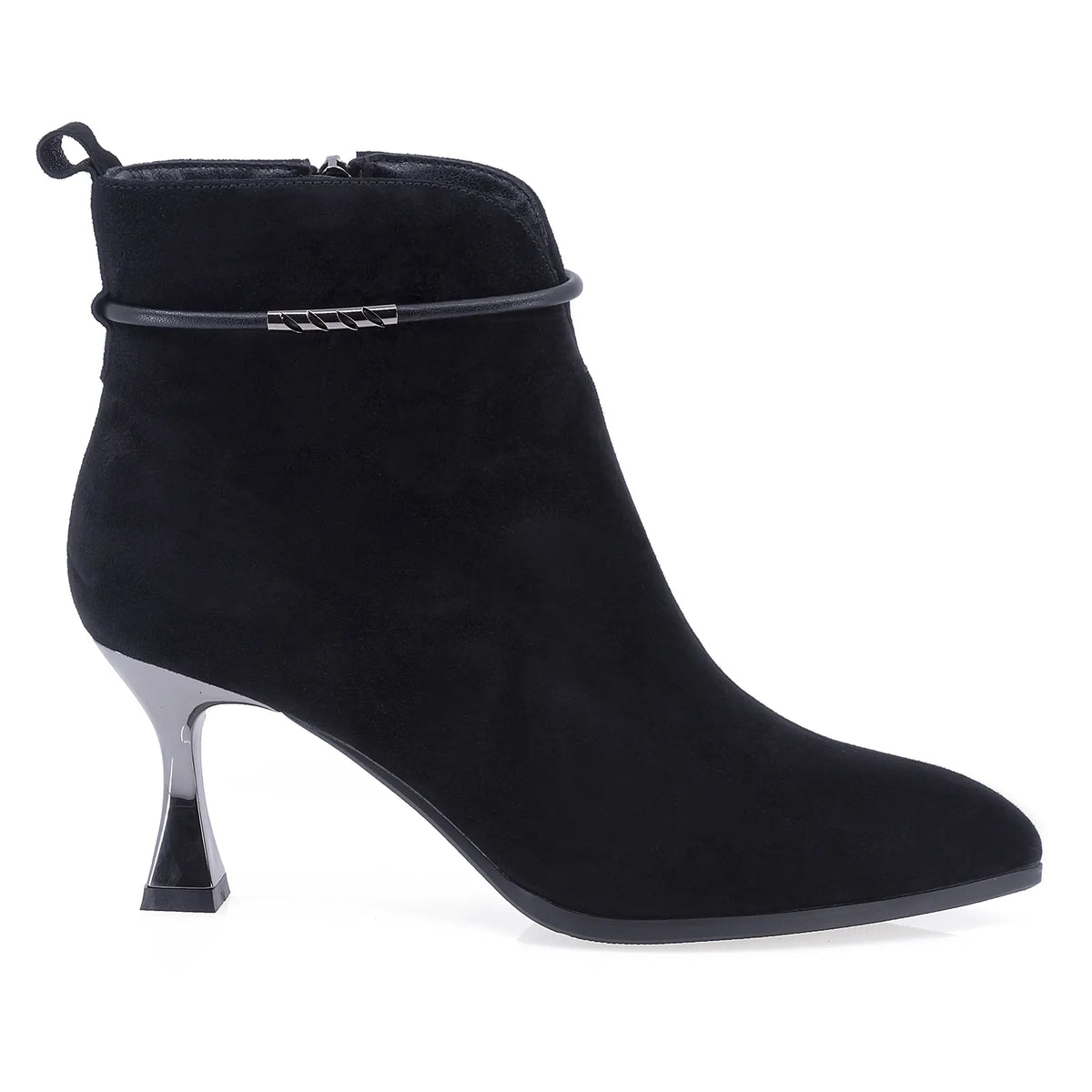Botine dama elegante Anna Viotti D106-8H256-RH1808-HA negre, din piele naturala intoarsa, cu varf rotund, toc subtire de 7 cm si cusatura pe mijloc.