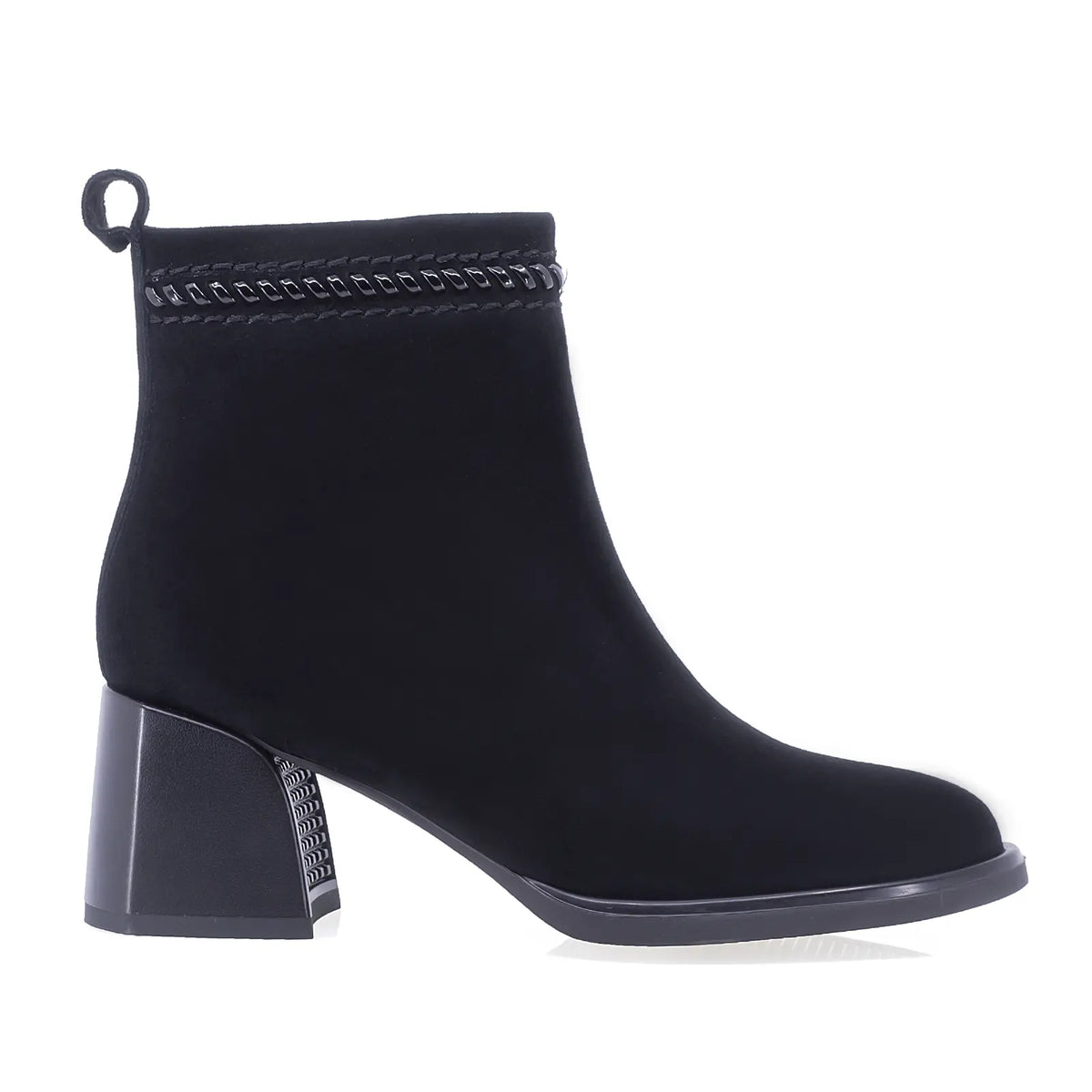 Botine dama elegante Anna Viotti D106-M1593-Q1370-2 negre, din piele naturala intoarsa, cu varf rotund, toc gros si cusatura verticala.