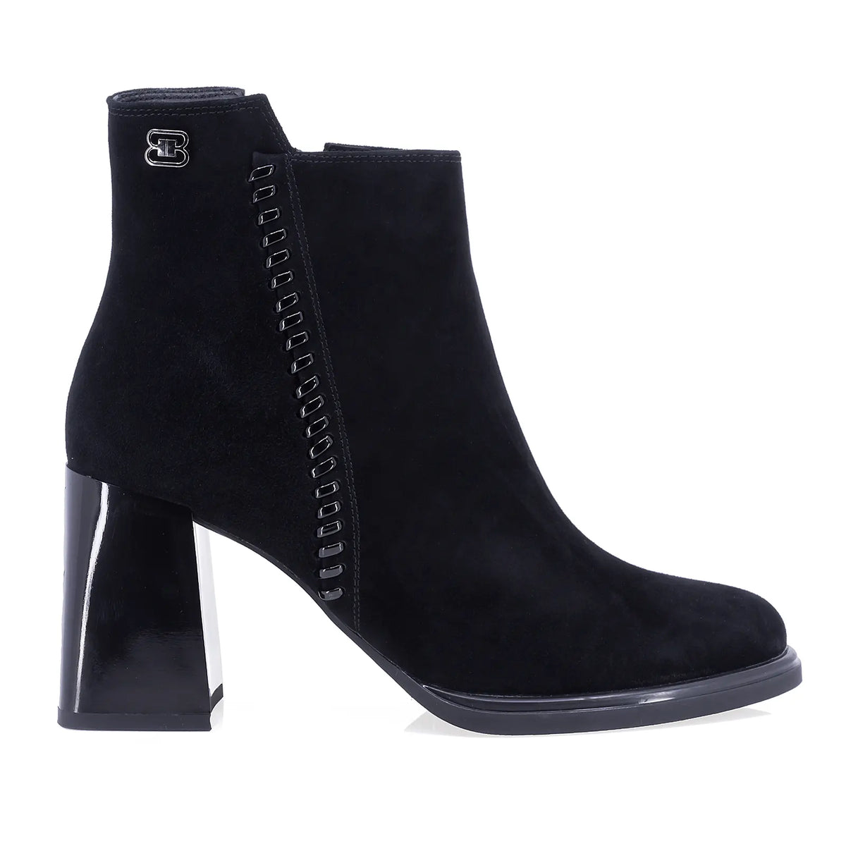 Botine dama elegante Anna Viotti D106-Y081-L222 negre, din piele naturala intoarsa, cu varf rotund, cusatura verticala si toc gros.