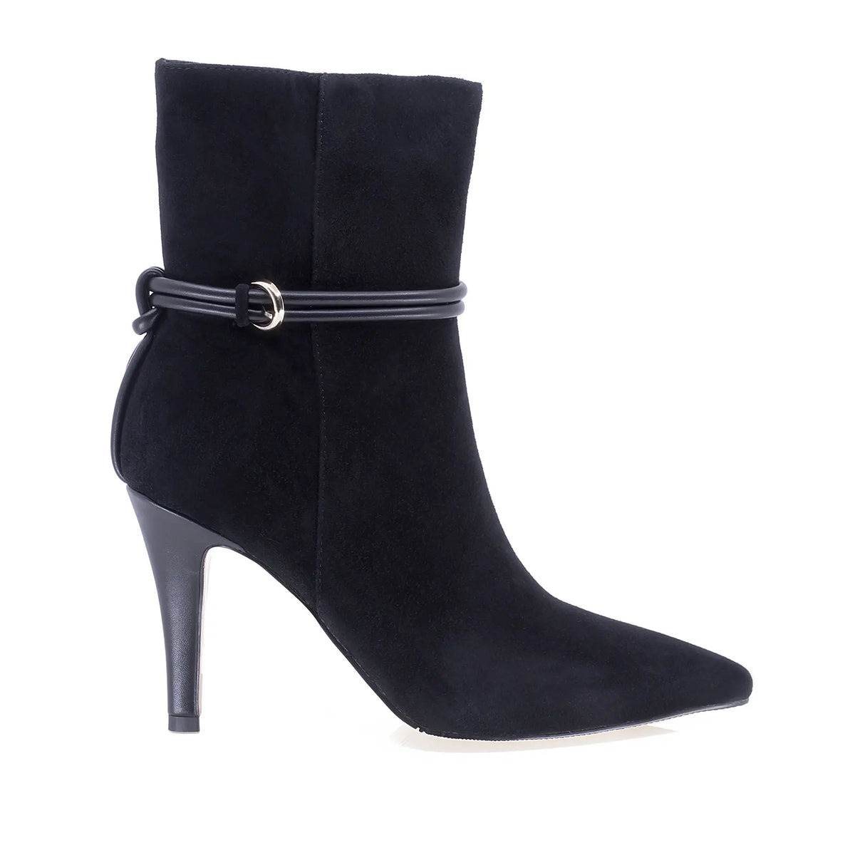 Botine dama elegante Anna Viotti D106-Y10-X13 negre, din piele naturala intoarsa, cu varf ascutit tip stiletto si toc subtire imbracat in piele box.