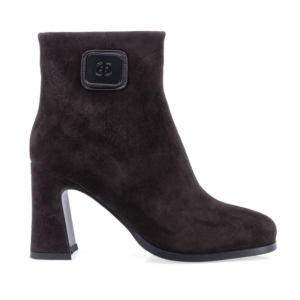 Botine dama elegante Anna Viotti D106-25423-F3568 maro, din piele naturala intoarsa, cu toc lat si ornament lateral.
