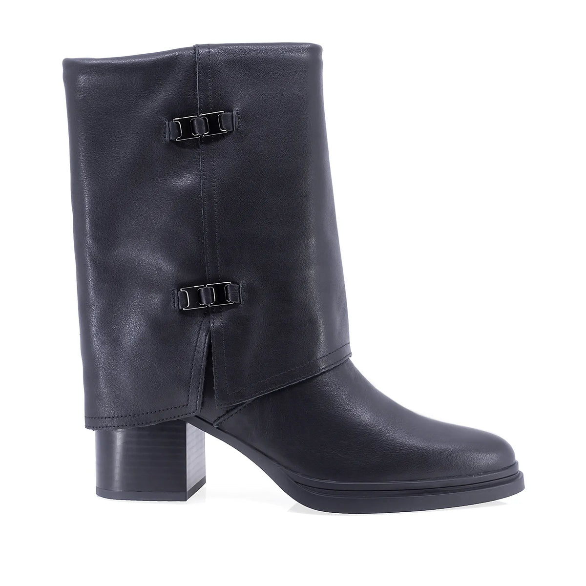 Cizme dama casual Anna Viotti D115-80935-06T negre din piele naturala, trei sferturi, fara inchidere, cu varf rotund si toc patrat.