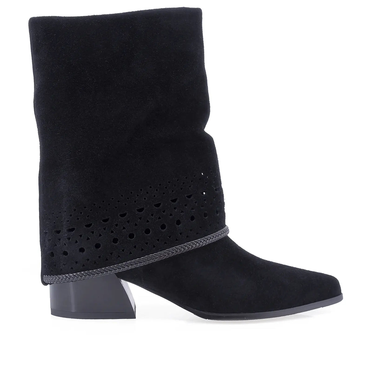 Cizme dama casual Anna Viotti D105-8071R-F255-N64 negre, din piele naturala intoarsa, cu croiala tip ciorap, varf semiascutit si toc patrat.