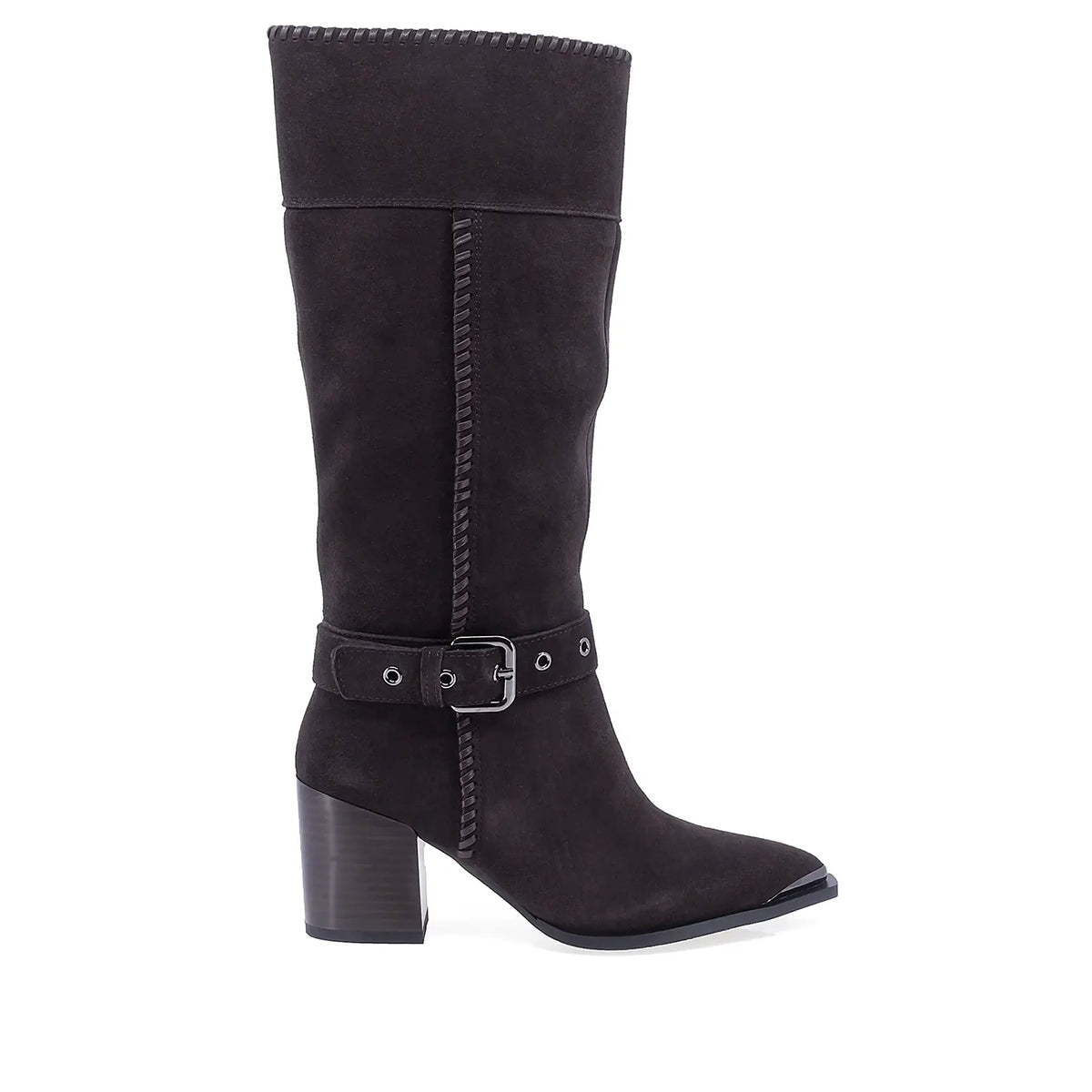 Cizme dama casual Anna Viotti D106-K0B417-RZ5860P-DK maro, din piele naturala intoarsa, stil ciocata inalta, cu varf ascutit, toc gros si curea la glezna.