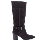 Cizme dama casual Anna Viotti D106-K0B417-RZ5860P-DK maro, din piele naturala intoarsa, stil ciocata inalta, cu varf ascutit, toc gros si curea la glezna.