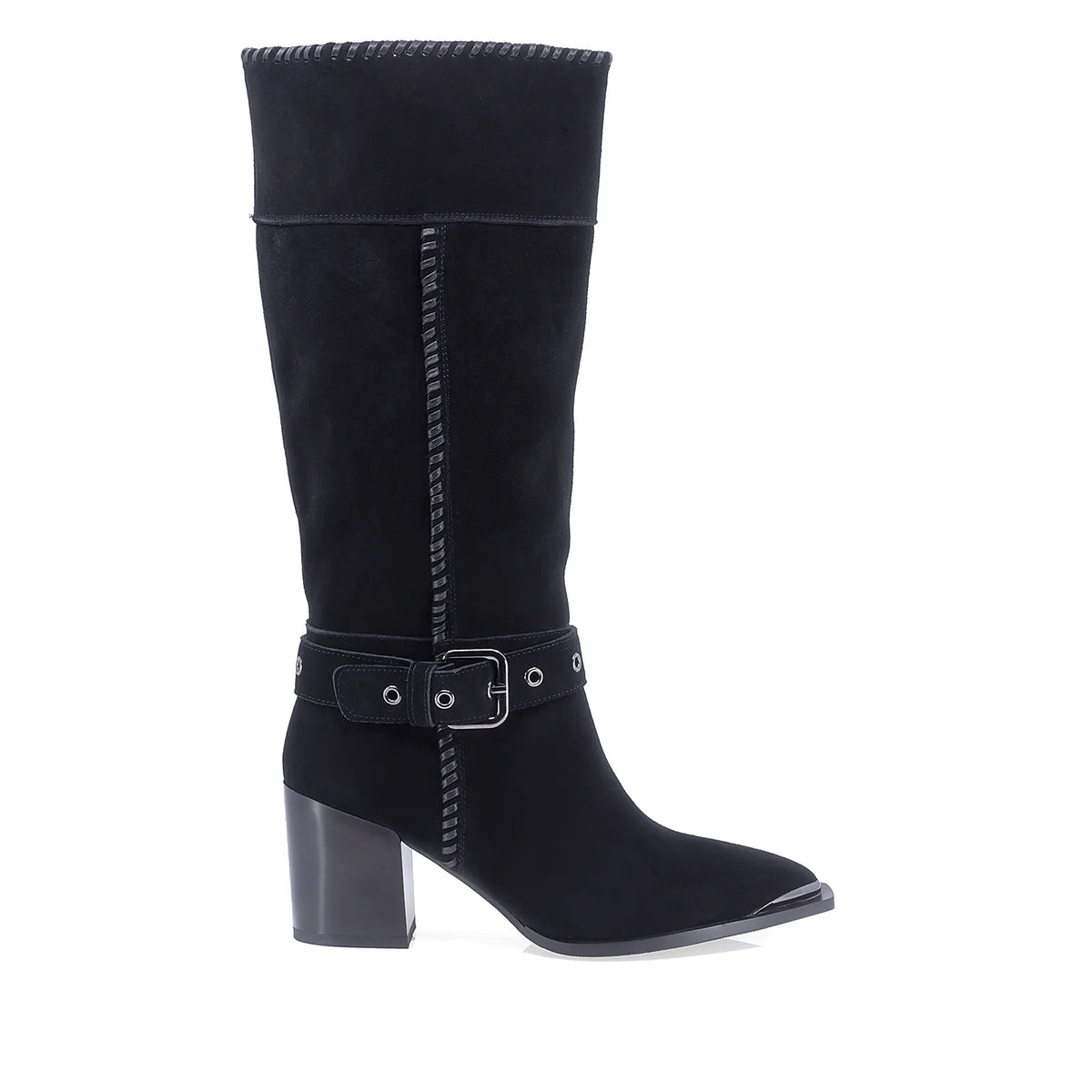 Cizme dama casual Anna Viotti D106-K0B417-RZ5860P-H negre din piele naturala intoarsa, stil ciocata inalta, cu varf ascutit si curea decorativa la glezna.