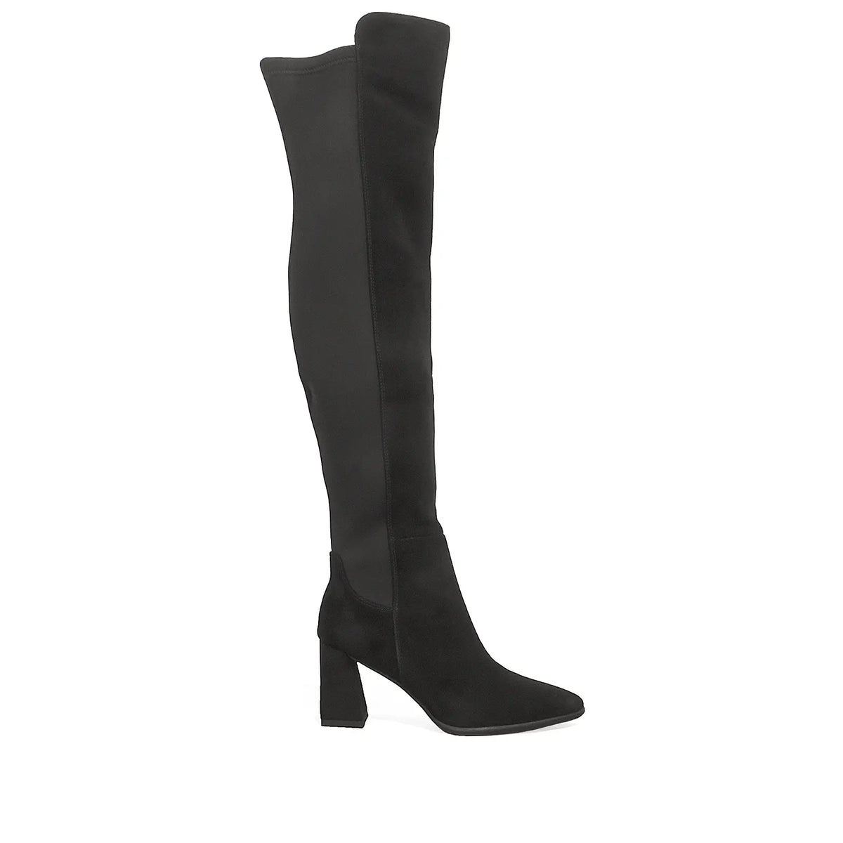 Cizme dama elegante Anna Viotti D106-7H338-RH2099P-A negre, din piele naturala intoarsa, cu varf ascutit, toc subtire imbracat in piele intoarsa si spate din material stretch.