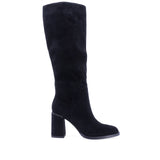 Cizme dama elegante Anna Viotti D123-M1942-L4212R-2 negre, din piele naturala intoarsa, cu captuseala pufoasa, fermoar, toc gros si portiune elastica in partea superioara.