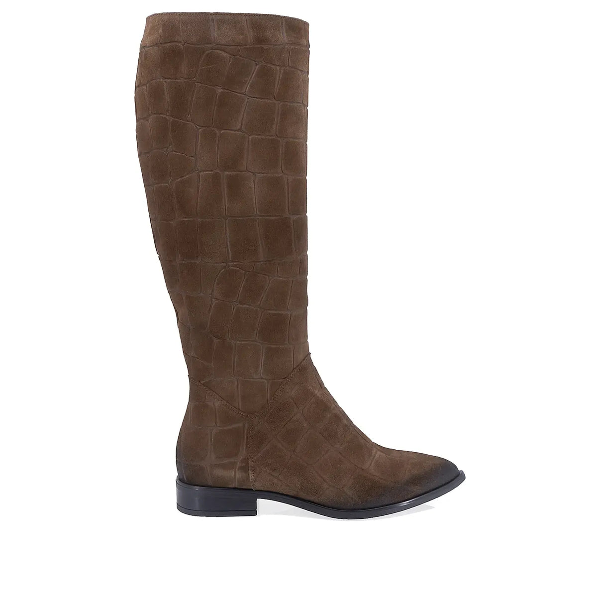 Cizme dama elegante Kordel D3202 maro, din piele naturala nabuc cu textura decorativa tip crocodil, varf ascutit si toc lat.
