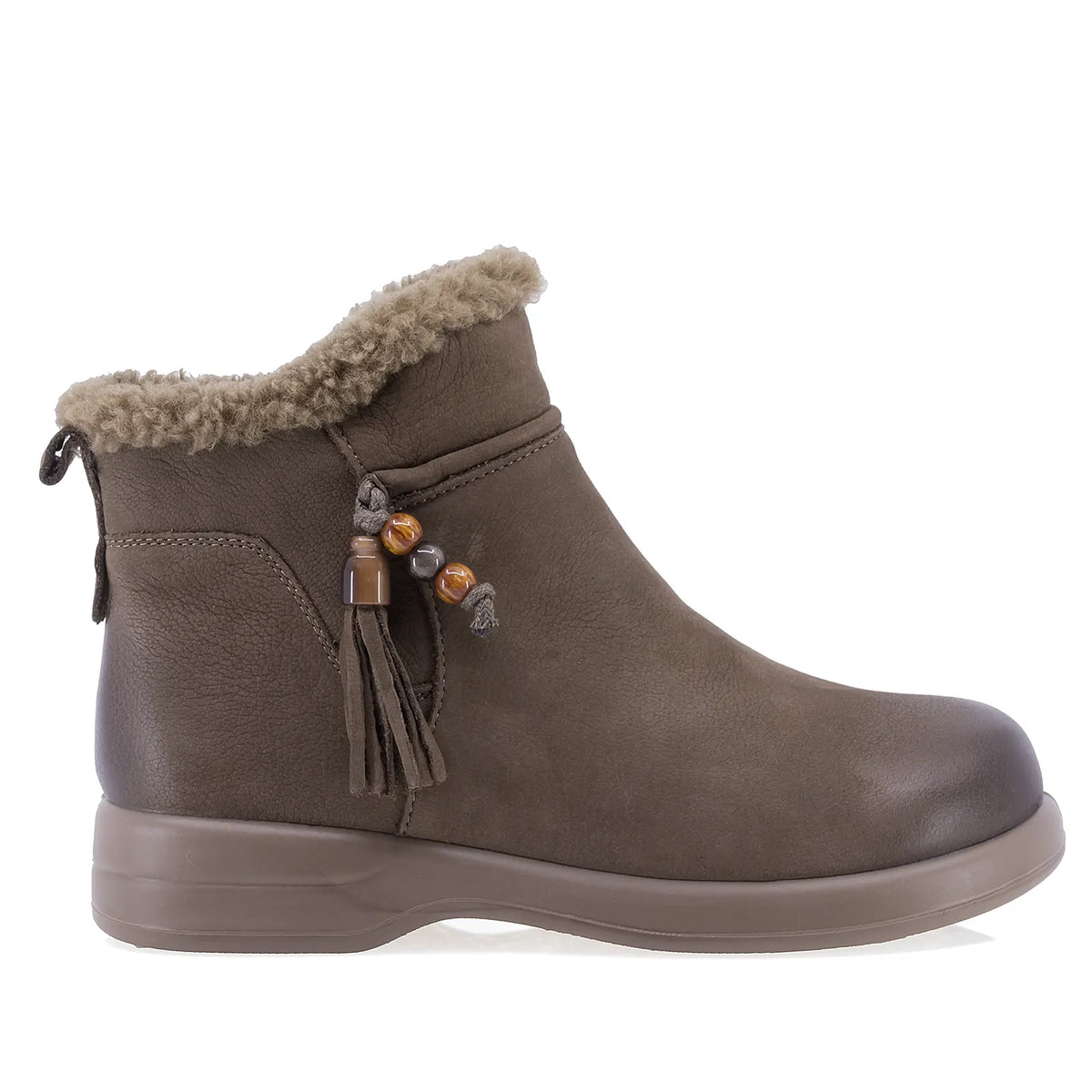 Ghete dama casual Anna Viotti D111-5E52767-107 kaki, din piele naturala nubuc, cu interior din blanita, fermoar si talpa turnata din poliuretan.